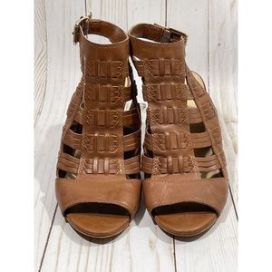 Franco Sarto Leather Heeled Open Toe Wedge Boho Sandals Brown 8.5